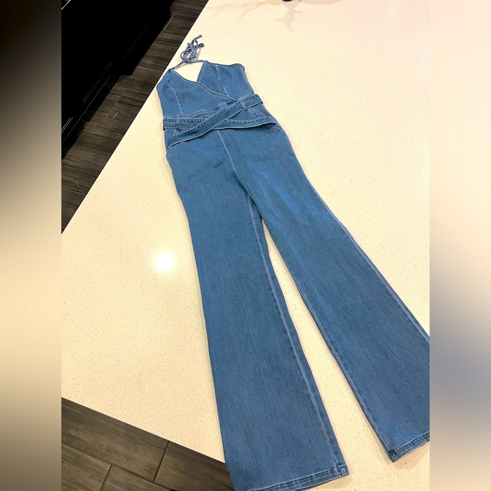Dark Denim- Open back flare pants jumper